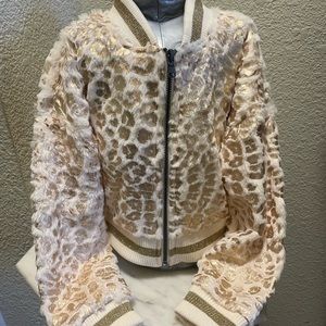 Faux fur cream and gold leopard bomber jacket